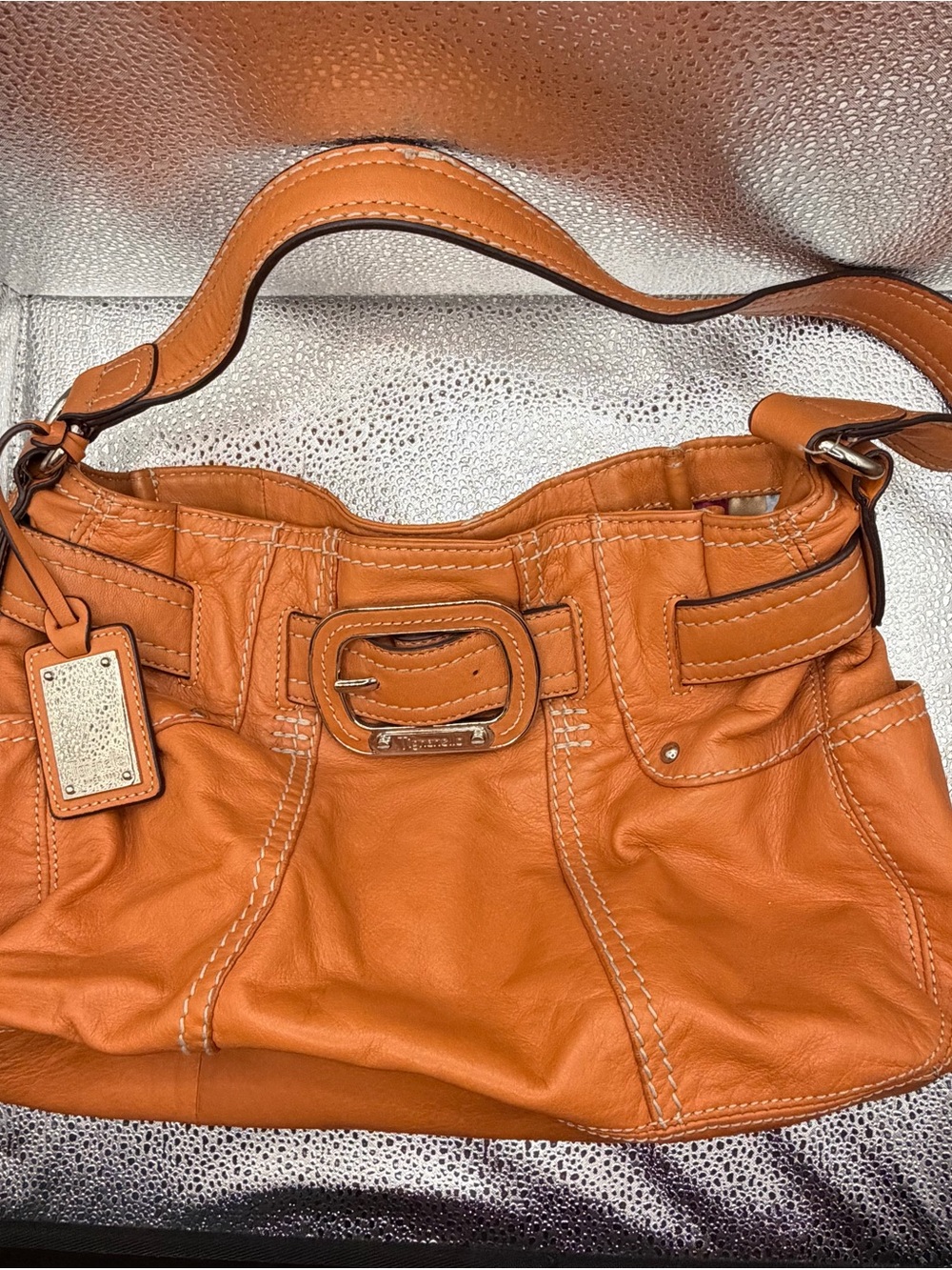 Tignanello Salmon Orange Pebbled Leather Shoulder Bag